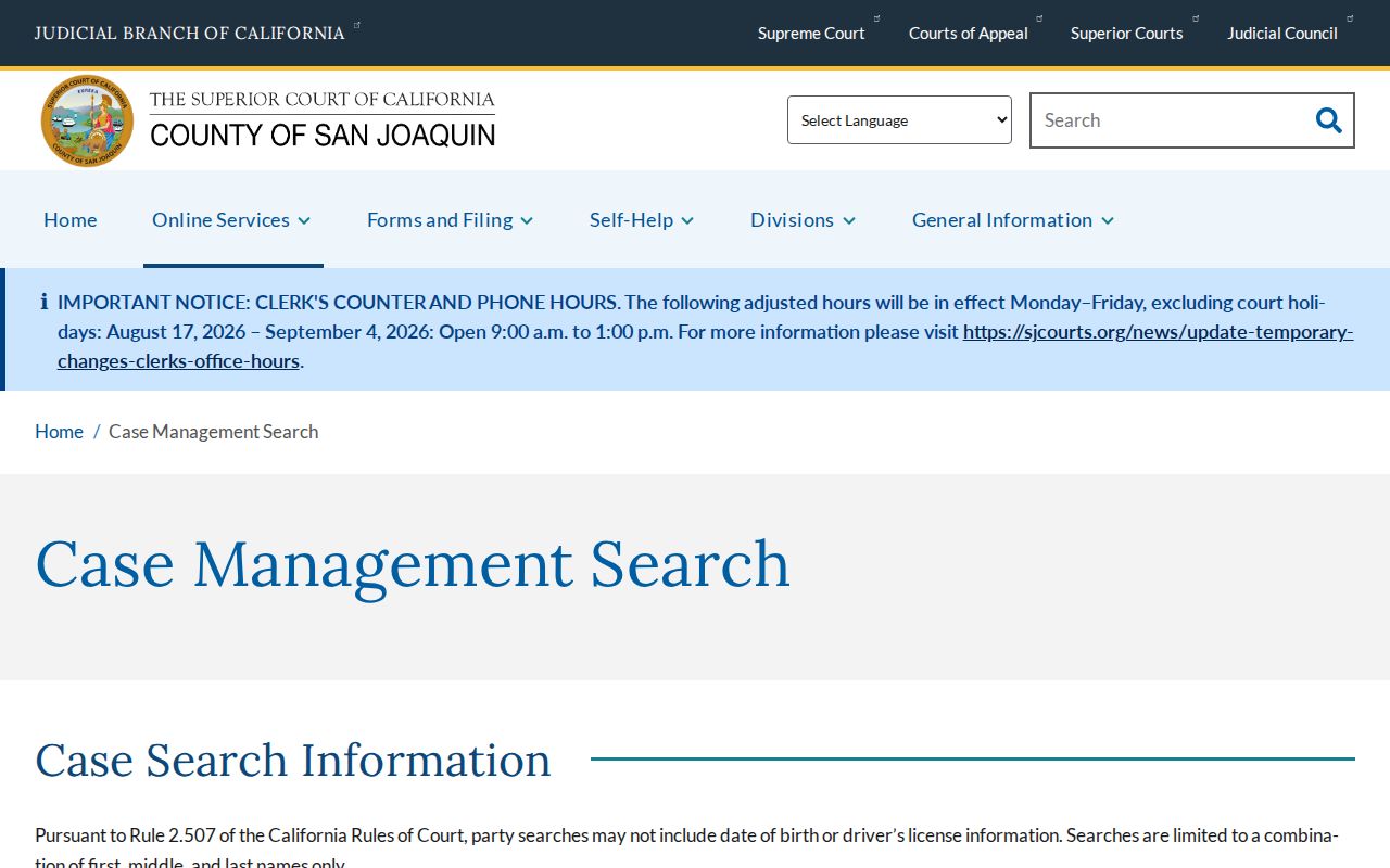 San Joaquin County residents directory Superior Court case search