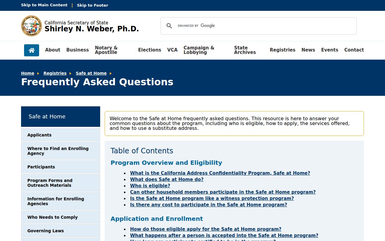 San Joaquin County previous residents research showing California Safe at Home guidance