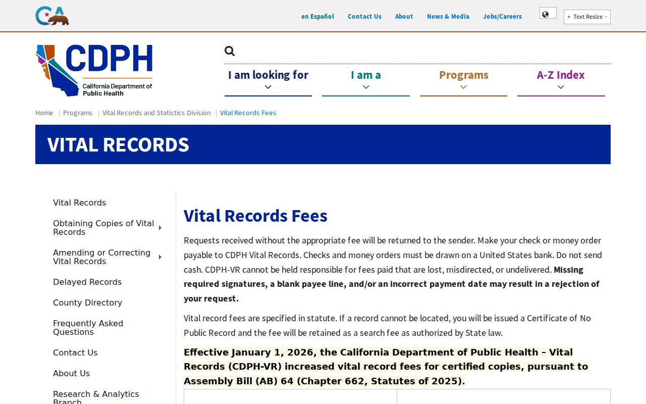San Joaquin County previous residents research showing California vital records fees