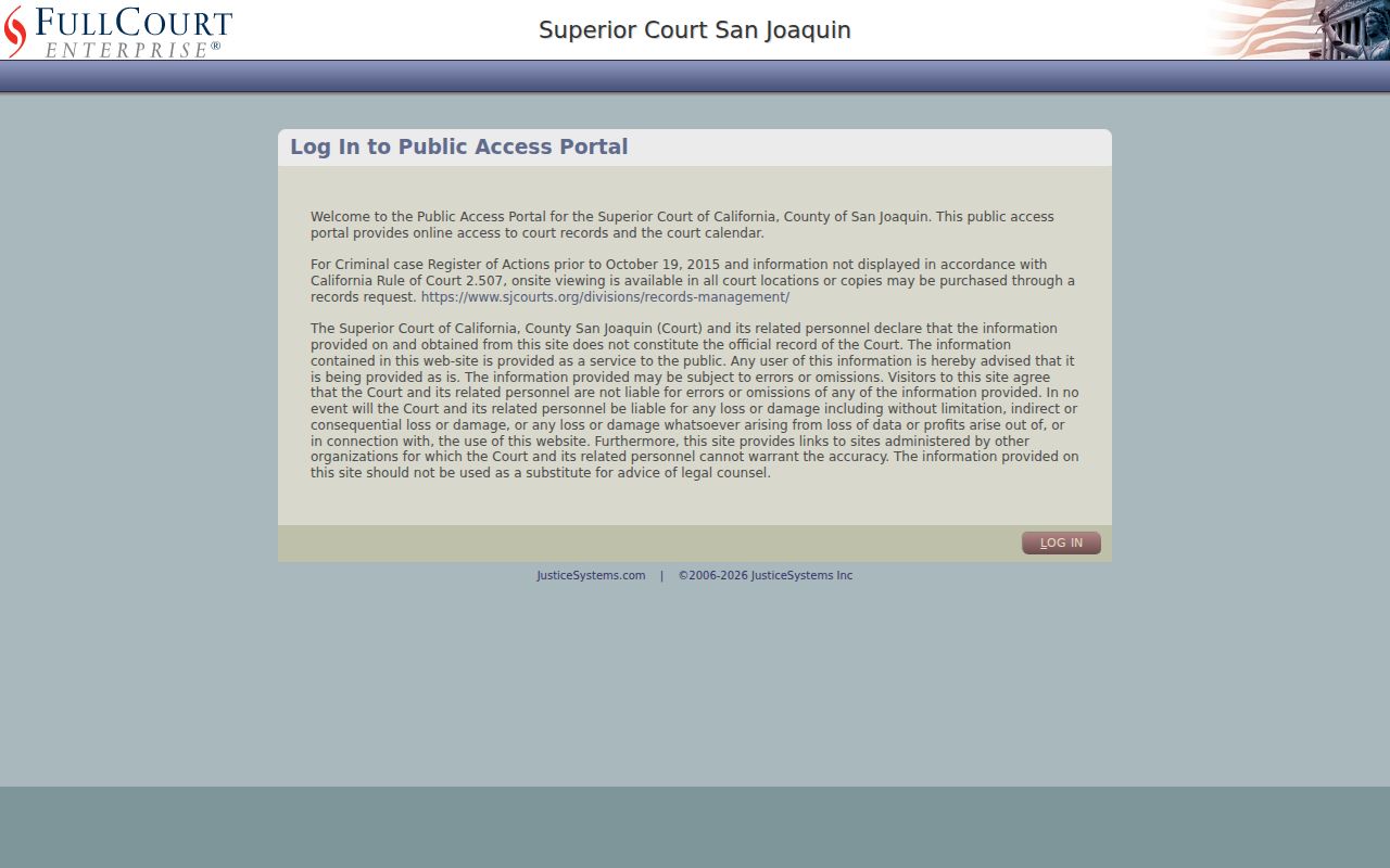 San Joaquin County resident lookup view of the Superior Court public access portal